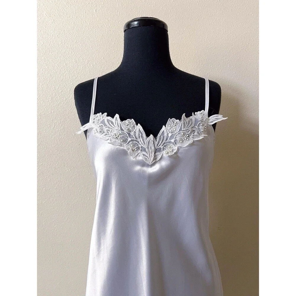 VTG Faris White Satin Slip Dress Large Maxi Open Back Bridal Lingerie 90s USA